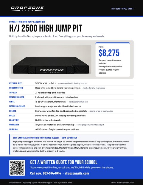 Dropzone Pits bid-ready spec sheet, page one